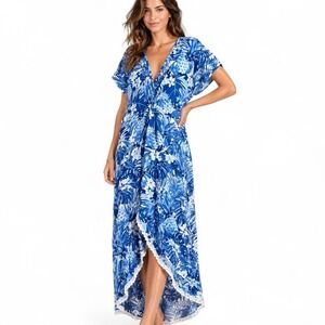 America & Beyond Blue Tropical Maxi Dress Boho Resort Vacation Flowy Beach XL